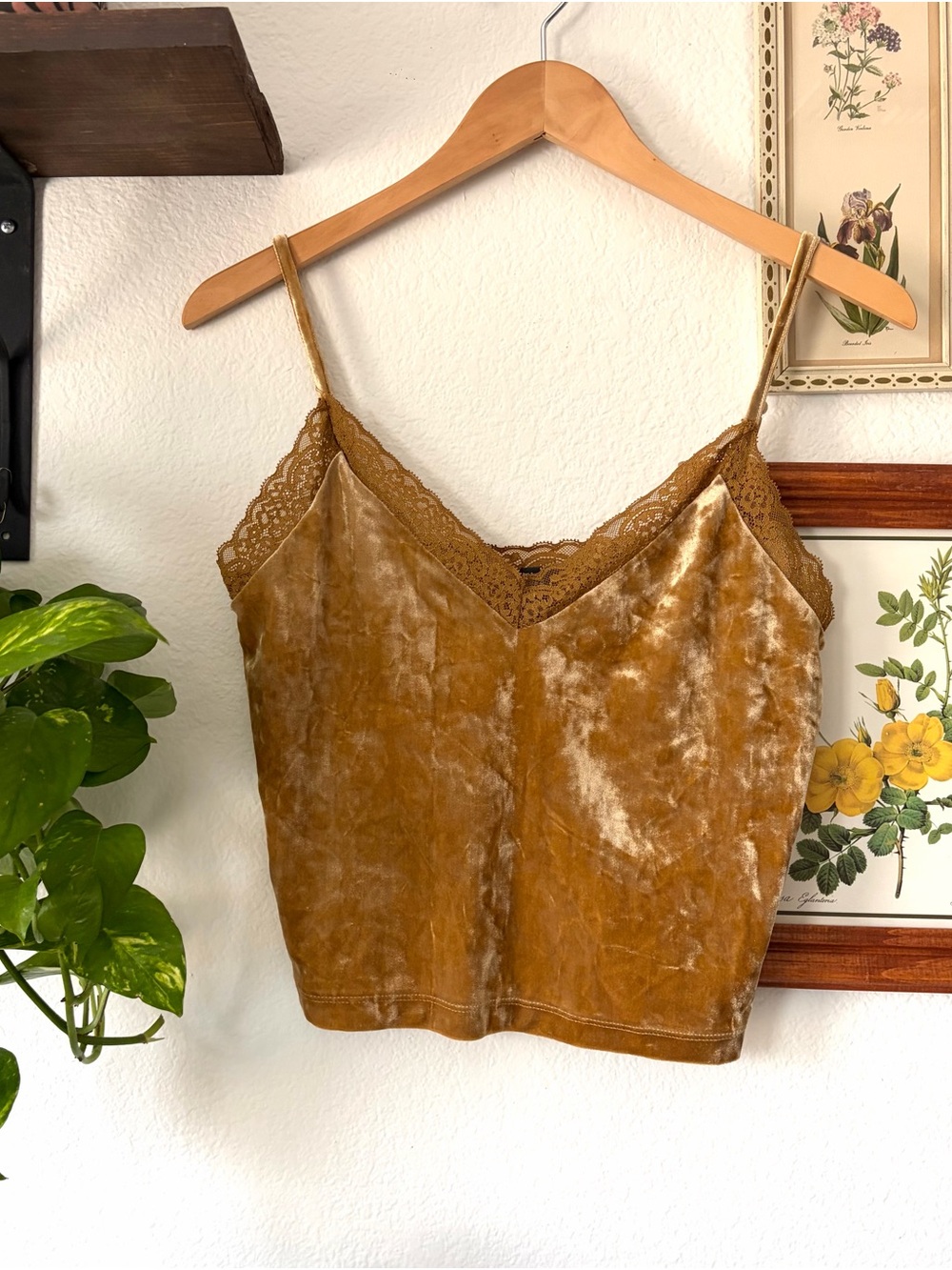 Forever 21 Crushed Velvet Lace Trim Cropped Cami - Mustard - Medium Y2K